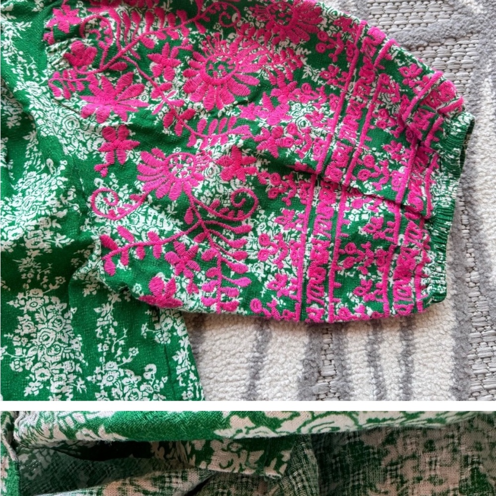 THML Women’s Anegada Embroidered Puff Short Sleeve Blouse Green Pink Size XS Top - Picture 4 of 6
